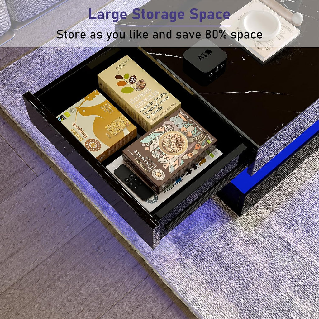 HOMFAMILIA LED Coffee Table with 2 Storage Drawers, Modern High Gloss Black Coffee Table w/20 Colors LED Lights, 2 Tiers Rectangle Center Table for Living Room with Marbling Print, APP Control, Black