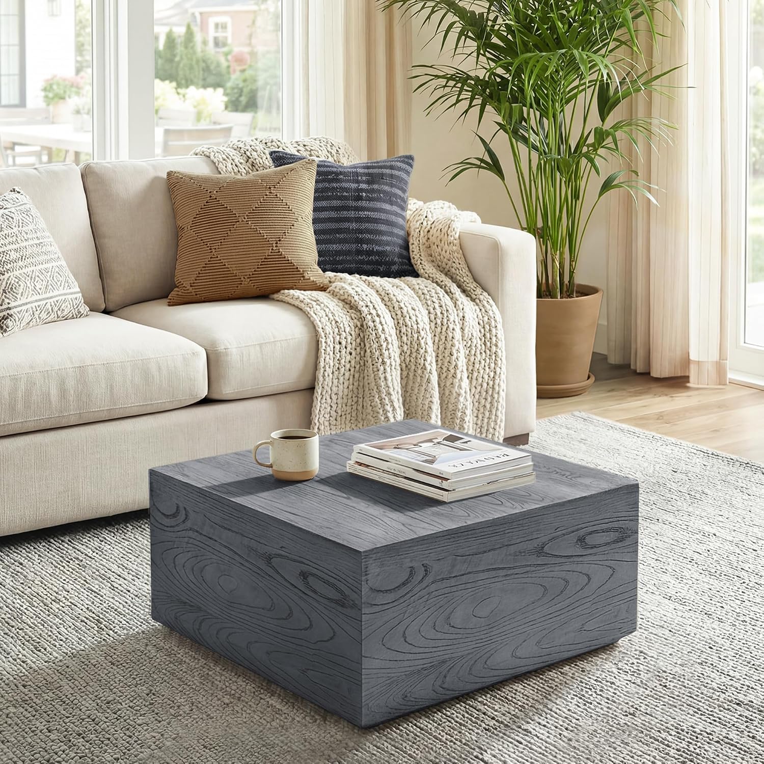 UPHA 28' Square Outdoor Coffee Table, Modern Hollow Concrete Patio Table, Small Minimalist Low Accent Table for Living Room, Balcony, Deck, Backyard, Gray Wood Finish