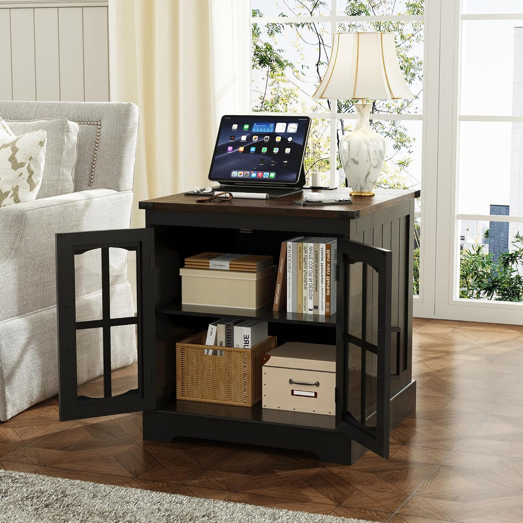 ChooChoo Rustic End Table, 24' Large Sofa Side Table with Charging Station & LED Light, Black Nightstand with Adjustable Storage Shelf, Square Bedside Table for Living Room, Bedroom, Office