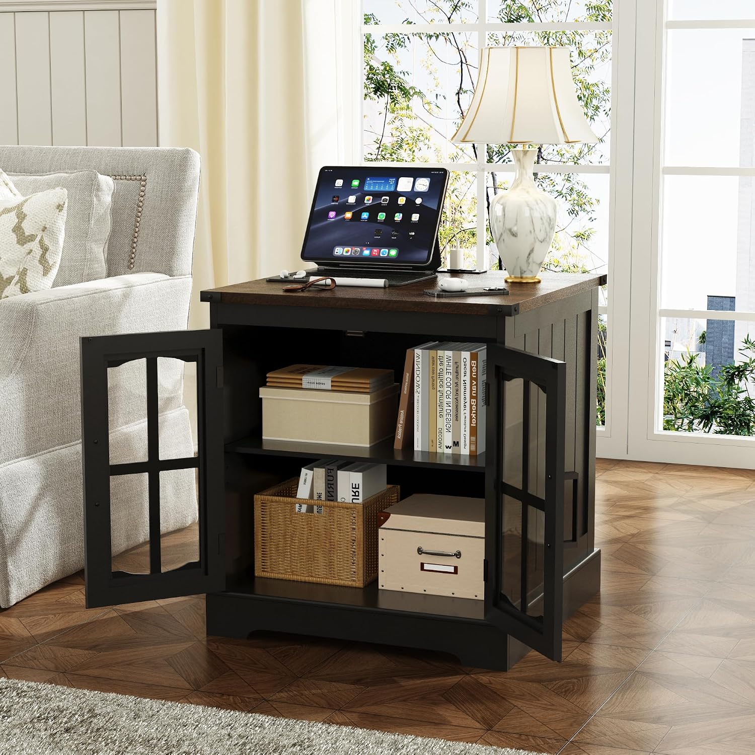 ChooChoo Rustic End Table, 24' Large Sofa Side Table with Charging Station & LED Light, Black Nightstand with Adjustable Storage Shelf, Square Bedside Table for Living Room, Bedroom, Office