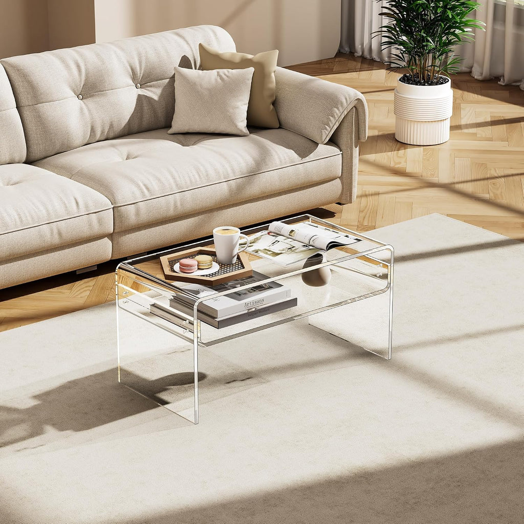Acrylic Coffee Table for Living Room Clear Rectangle Lucite Table with Open Storage Shelf (1, Clear, Nomal)