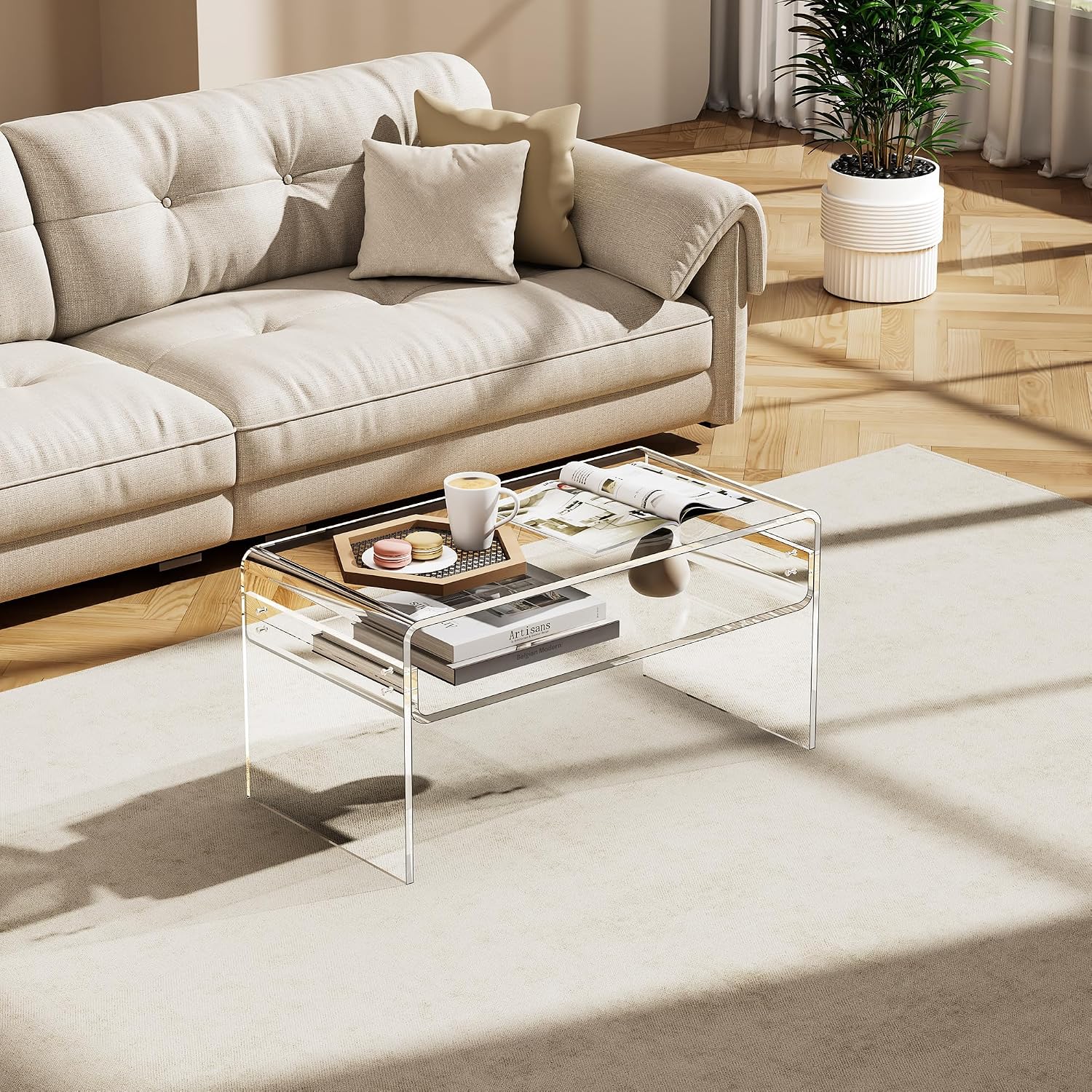Acrylic Coffee Table for Living Room Clear Rectangle Lucite Table with Open Storage Shelf (1, Clear, Nomal)