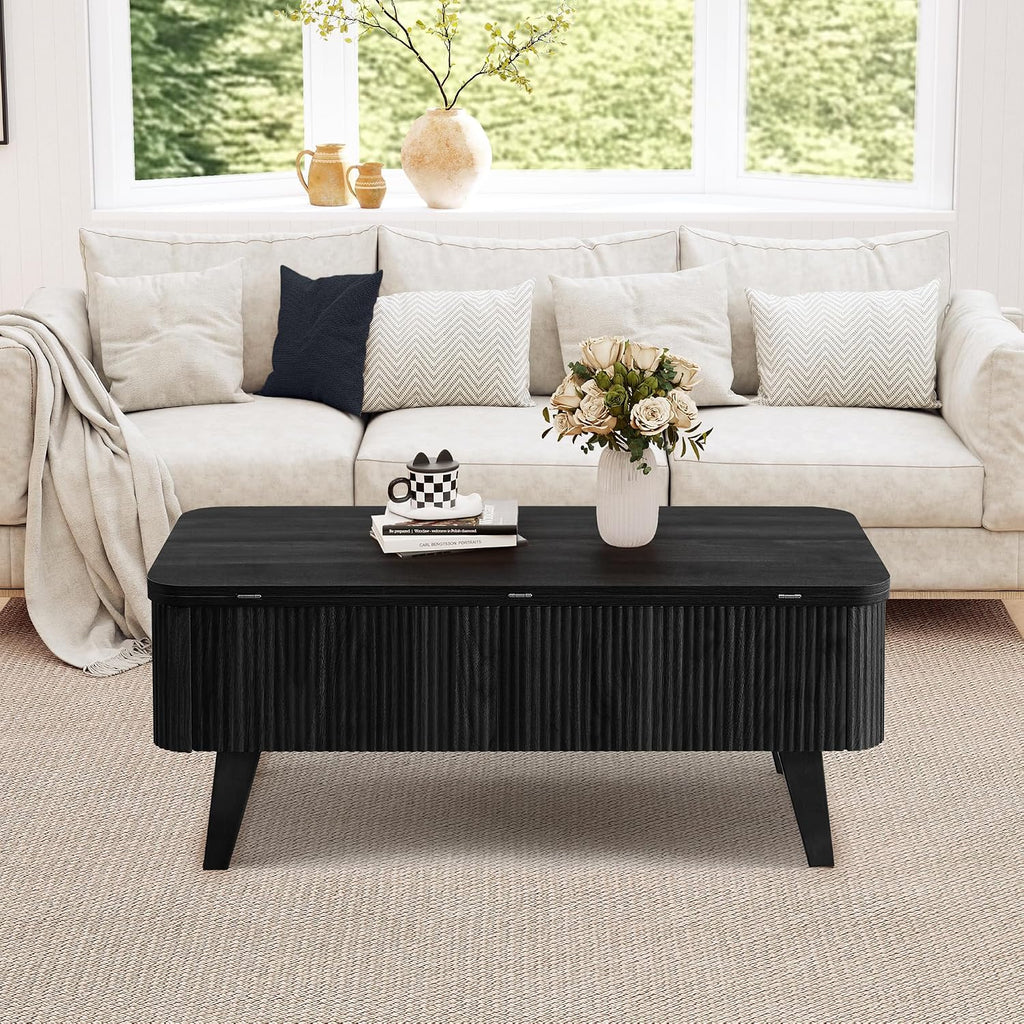 Fluted Lift Top Coffee Table, 3 in 1 Convertible Coffee Tables Converts to Dining Tables, Modern Oval Wooden Center Table with Storage for Living Room Office Small Space, Partial Assembly (Black)