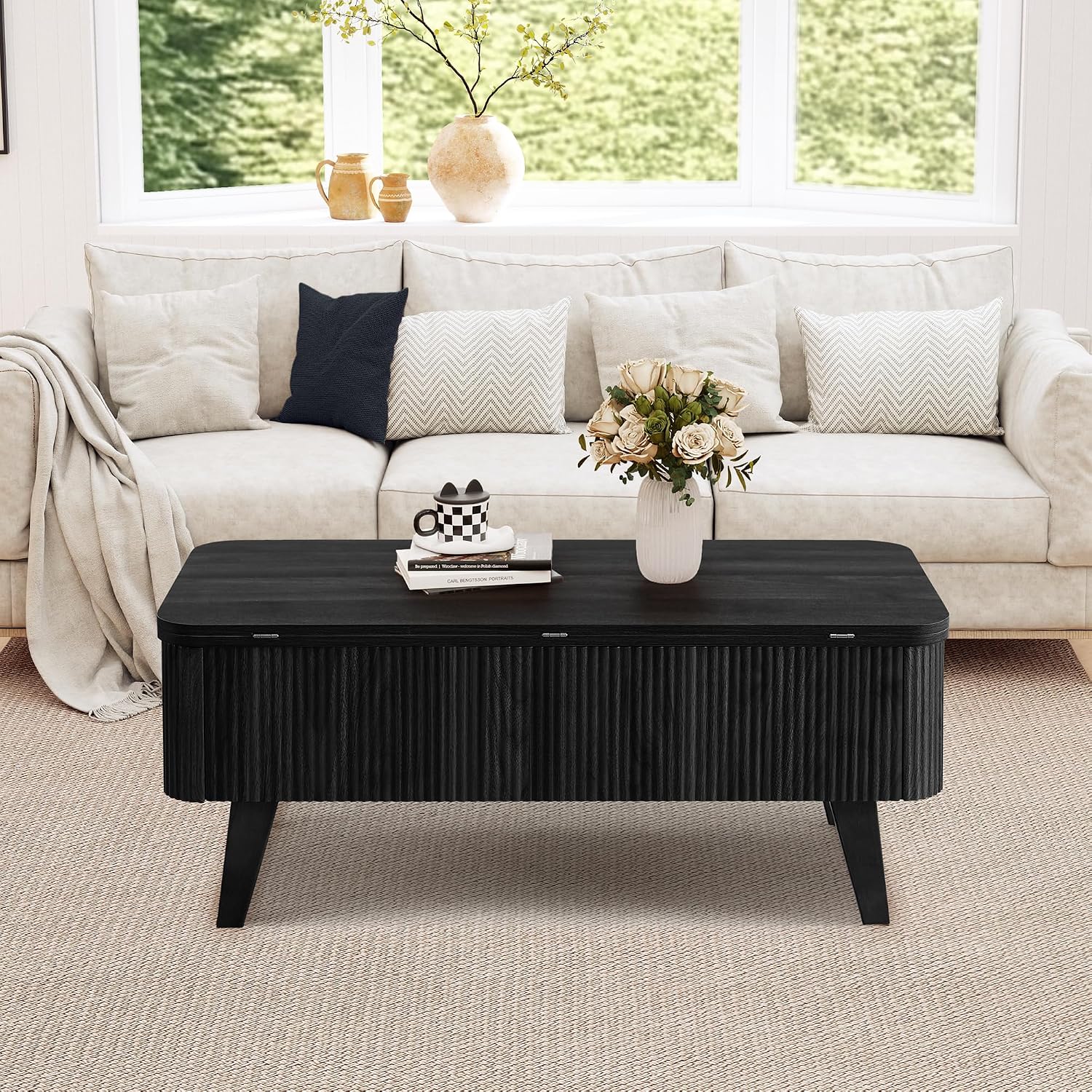 Fluted Lift Top Coffee Table, 3 in 1 Convertible Coffee Tables Converts to Dining Tables, Modern Oval Wooden Center Table with Storage for Living Room Office Small Space, Partial Assembly (Black)