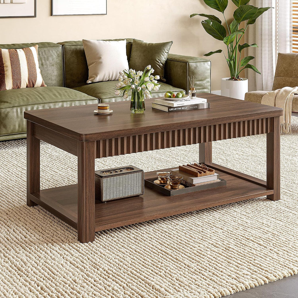 Homkdom Coffee Table, 39 Inch Modern Coffee Tables for Living Room with 2-Tier Storage & Wave-Edge, Walnut Center Table for Bedroom/Office