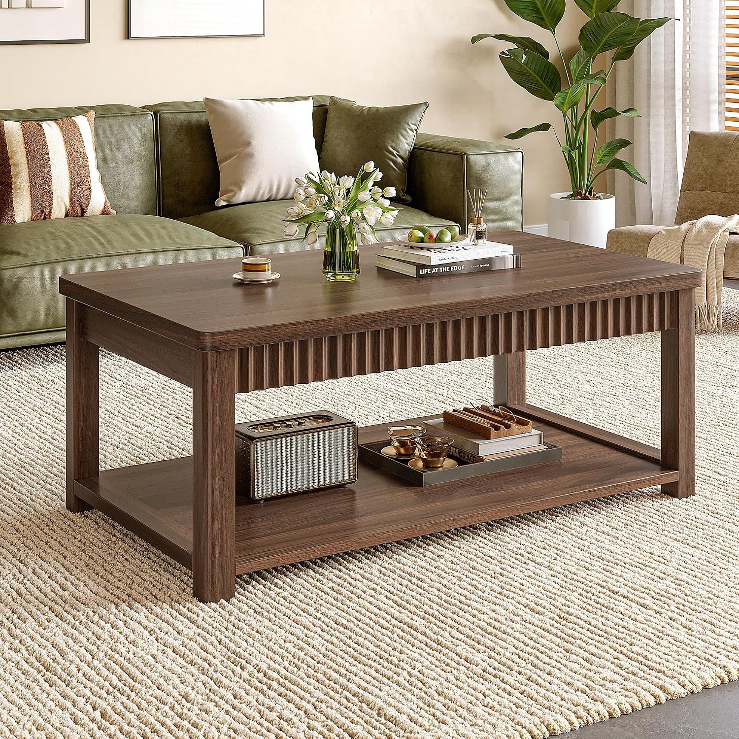Homkdom Coffee Table, 39 Inch Modern Coffee Tables for Living Room with 2-Tier Storage & Wave-Edge, Walnut Center Table for Bedroom/Office