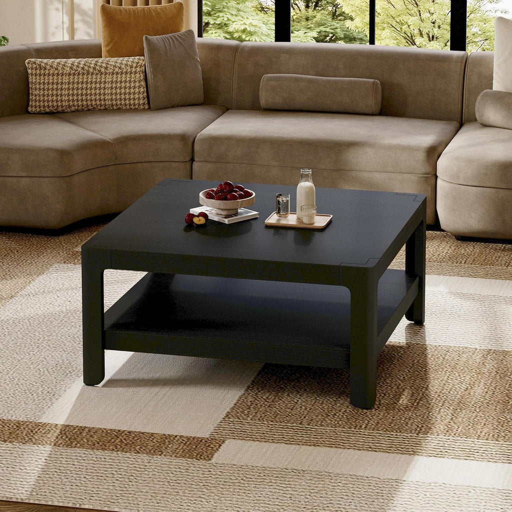 Christopher Knight Home Fenden Modern Farmhouse Coffee Table, 34.65' Square Wood Side Table with Soft Rounded Profile, 2-Tier Storage Design, Minimalist Table, Space Saving for Living Room, Black