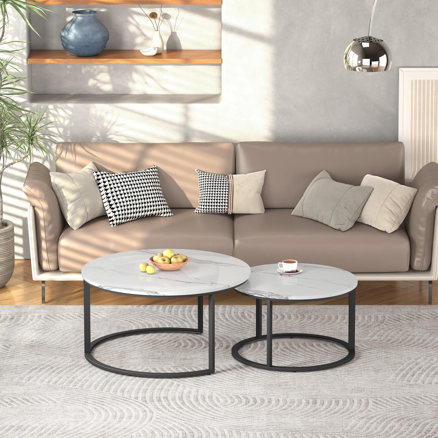 WiberWi Round Coffee Table Nesting Tables Set of 2, Large : Ø 33.5', Small : Ø 25.7', Modern Design Coffee Tables for Living Room, Metal Frame Circle Cocktail Table, High Glossy Faux White Marble