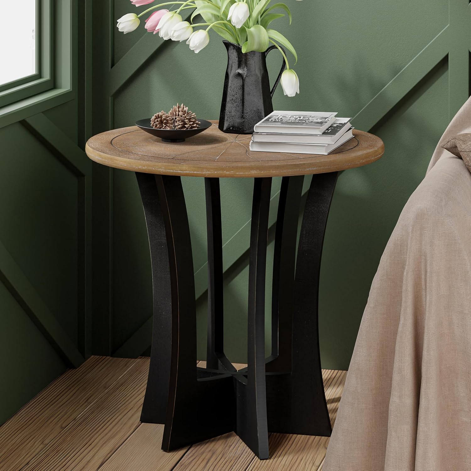 COZAYH Farmhouse Round End Table X 2P with Criss-Cross Wood Legs, Rustic French Country Side Table for Dinning or Living Room, Modern, Black, Natural Wood Color