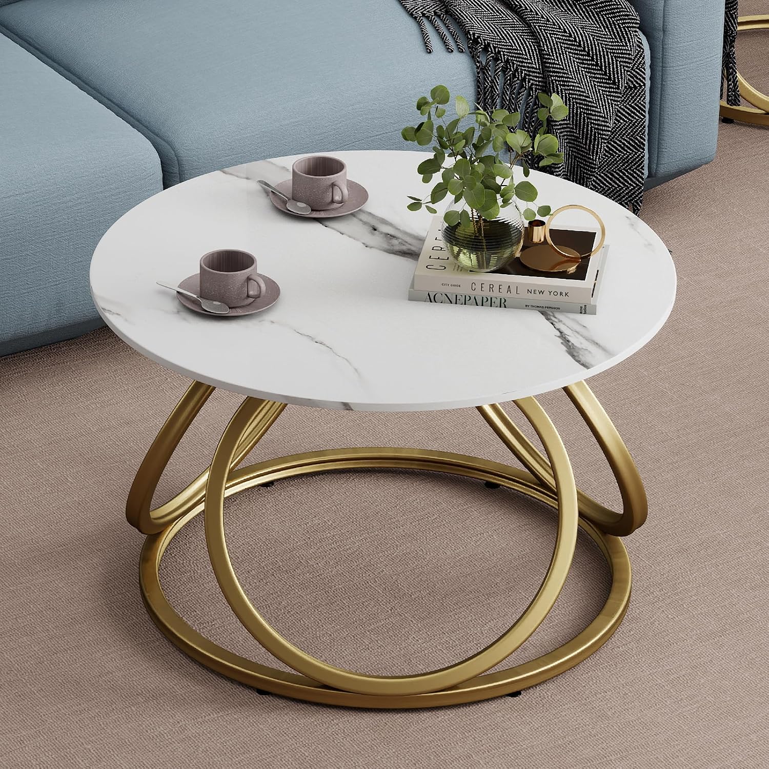 O&K FURNITURE Gold Round Coffee Table, Faux Marble Top with Veins, Modern Center Table with Gold Metal Frame, for Living Room, Home Office, 1 PC
