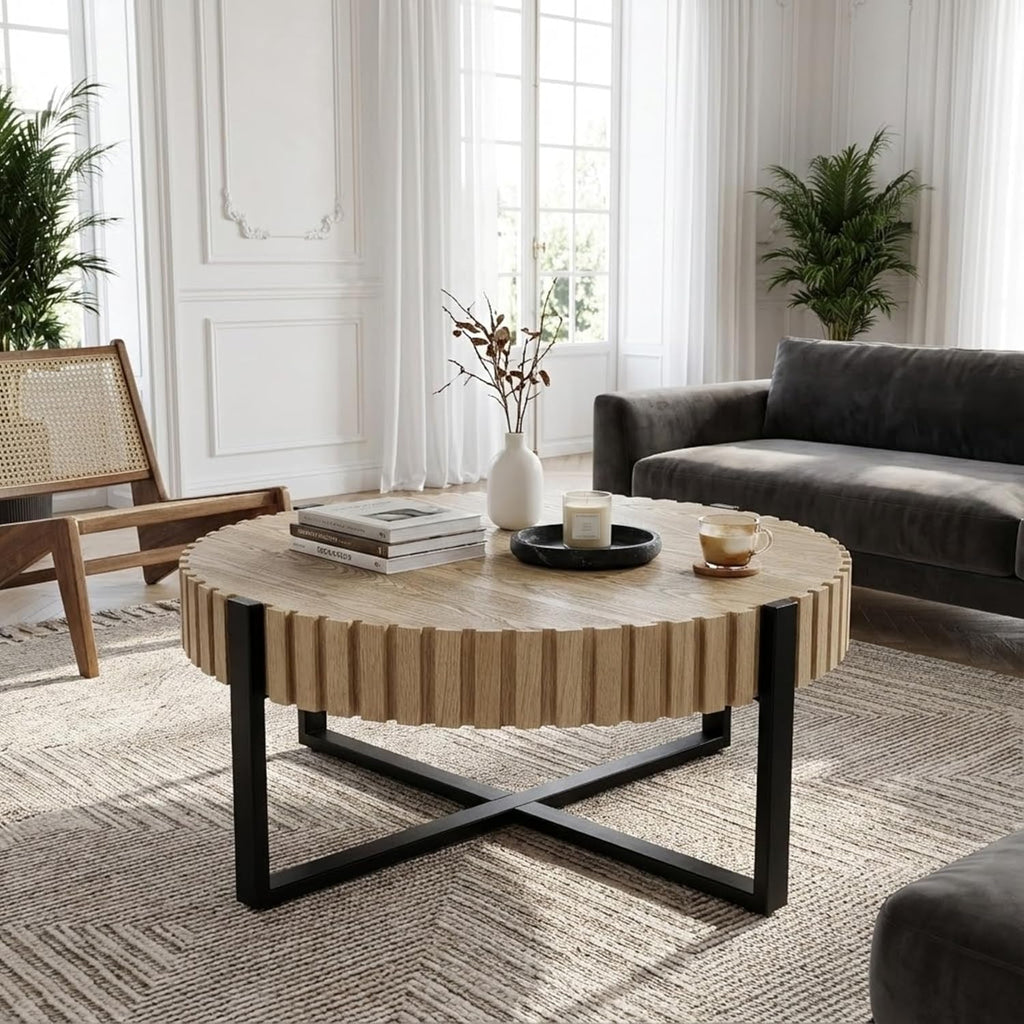 Christopher Knight Home Sol 31.5'' Modern Round Coffee Table, Indoor Living Room Side Table, Wooden End Table with Cross Metal Base, Unique Gear Motifs and Fluted Edges, Black + Natural