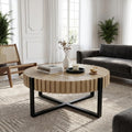 Christopher Knight Home Sol 31.5'' Modern Round Coffee Table, Indoor Living Room Side Table, Wooden End Table with Cross Metal Base, Unique Gear Motifs and Fluted Edges, Black + Natural