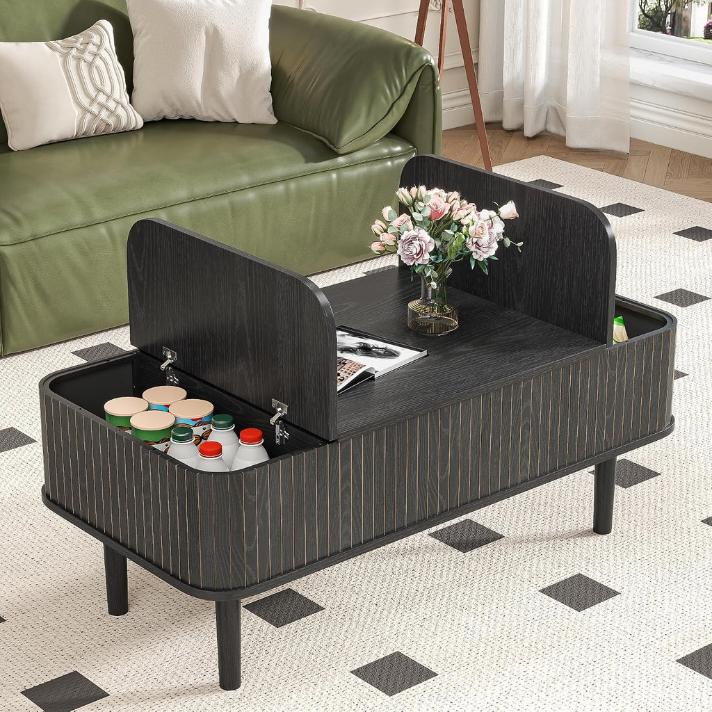 Fluted Lift Top Coffee Table with Storage, Mid Century Modern Coffee Table for Living Room, Home Small Space,39.4' Fluted Center Table (Rectangle-Black, 39.4inch)