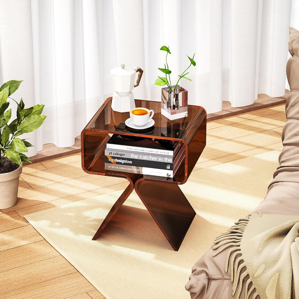 Acrylic Nightstand Side Table Modern Design Clear Home Decor Display End Table for Living Room (Dark Brown)