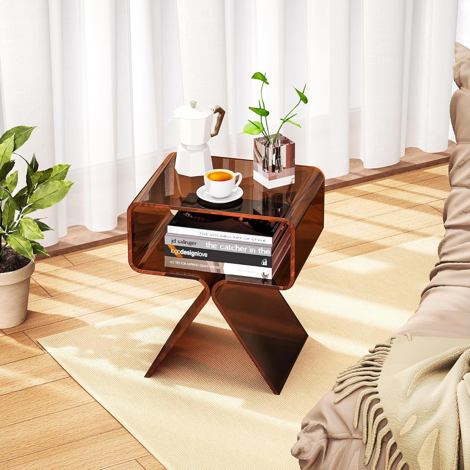 Acrylic Nightstand Side Table Modern Design Clear Home Decor Display End Table for Living Room (Dark Brown)