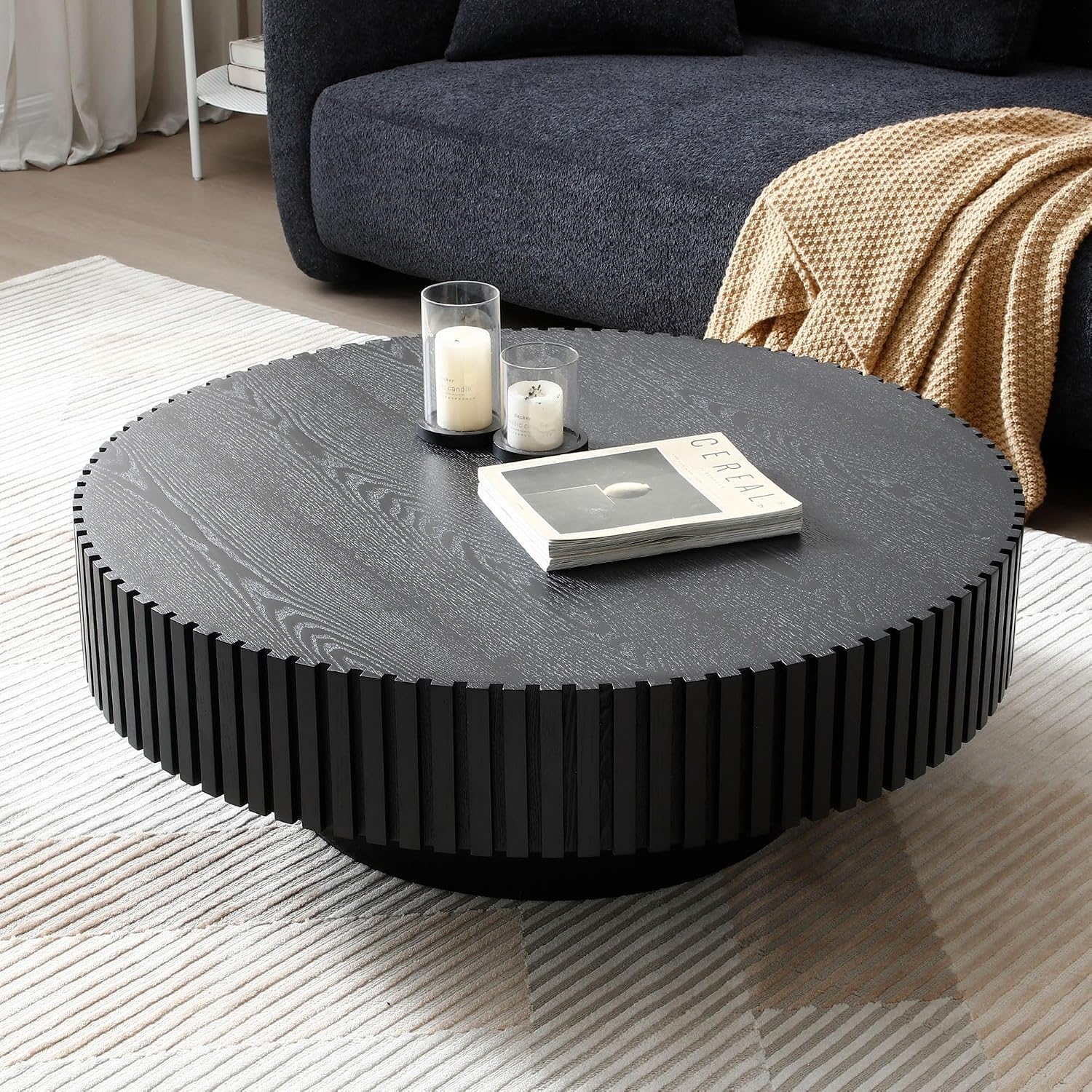 31' Round Black Coffee Table for Living Room, Mid Century Modern Coffee Table with Sturdy Pedestal, Circle Center Table Accent Tea Table for Apartment