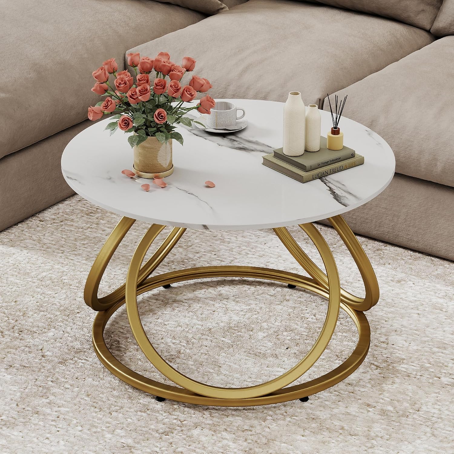 O&K FURNITURE Gold Round Coffee Table, Faux Marble Top with Veins, Modern Center Table with Gold Metal Frame, for Living Room, Home Office, 1 PC