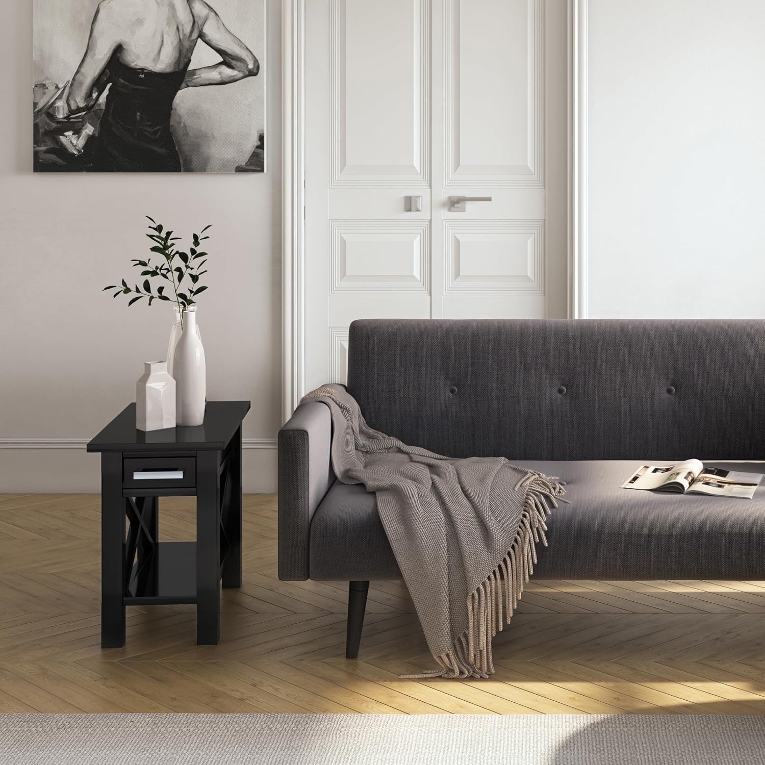 SIMPLIHOME Kitchener End Table - 14 inch Wide Solid Wood Rectangular Narrow Accent Table with Drawer and Open Shelf in Black, Contemporary Nightstand with X-Design for Living Room or Bedroom