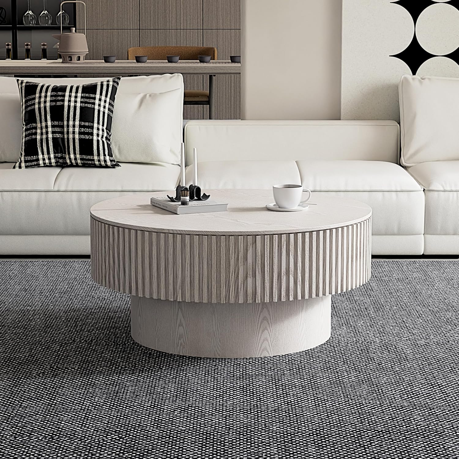 31.5'' Round Coffee Table with Storage, Modern Luxury Circle Drum Center Tables with Solid Wood Veneered, Accent Side Coffee Table for Living Room, Bedroom, Apartment-White