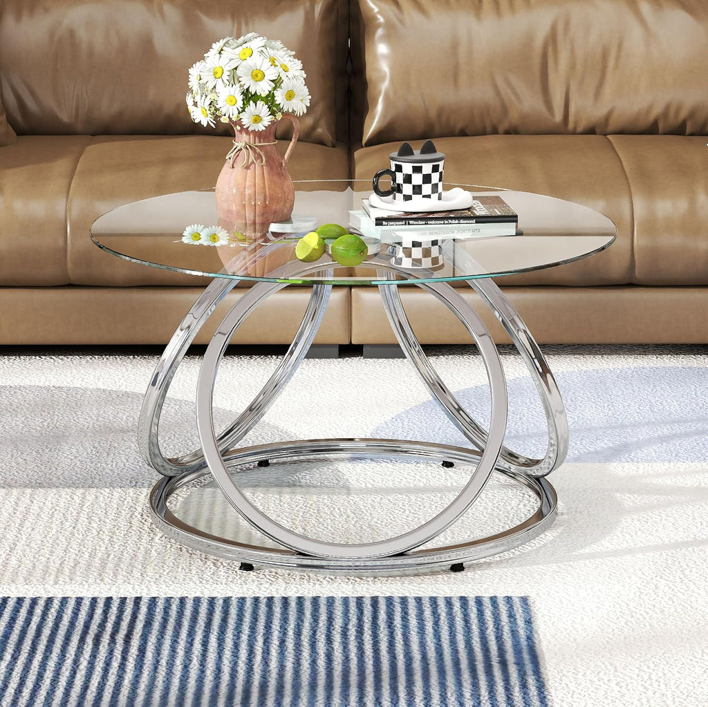 O&K FURNITURE Silver Coffee Table, Modern Glass Coffee Table Living Room Table with Ring-Shaped Frames, Glass Coffee Table for Home&Office, Chrome Finish, 1 PC | Modern