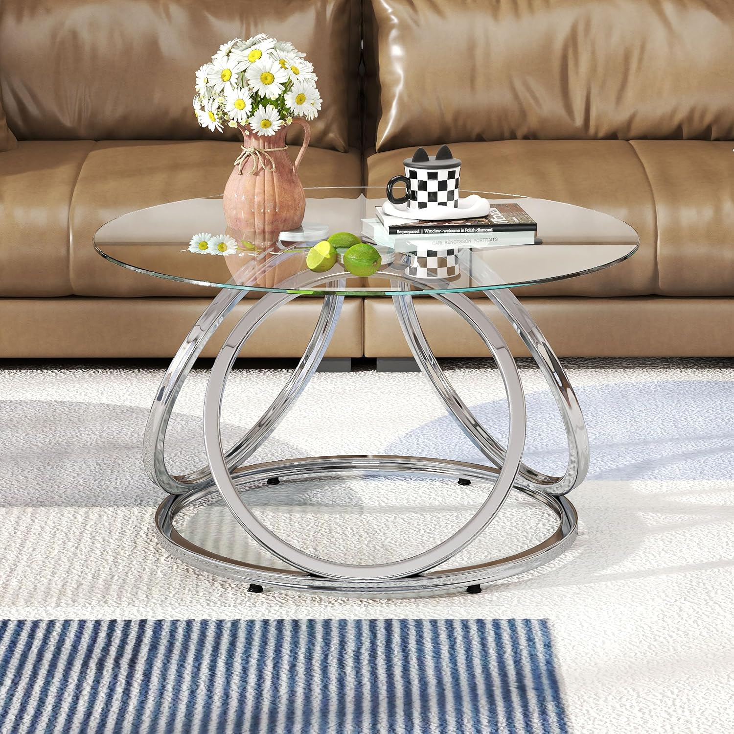 O&K FURNITURE Silver Coffee Table, Modern Glass Coffee Table Living Room Table with Ring-Shaped Frames, Glass Coffee Table for Home&Office, Chrome Finish, 1 PC | Modern
