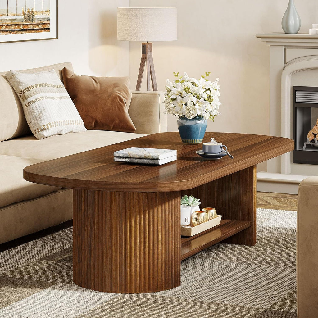 Tribesigns Oval Coffee Table, Mid-Century 2-Tier Coffee Table with Storage Shelf, Modern 45.27' Accent Center Table with Wooden Dual Base for Living Room Bedroom Apartment (Rustic Brown)