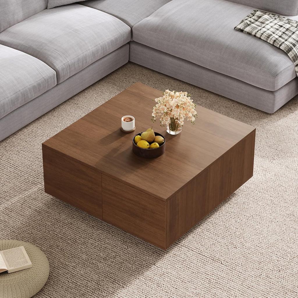 Merax Modern Wood Square Coffee Table with 4 Hidden Storage Drawers, 33.25' Minimalist Center Tables for Living Room, Easy Assembly, Walnut