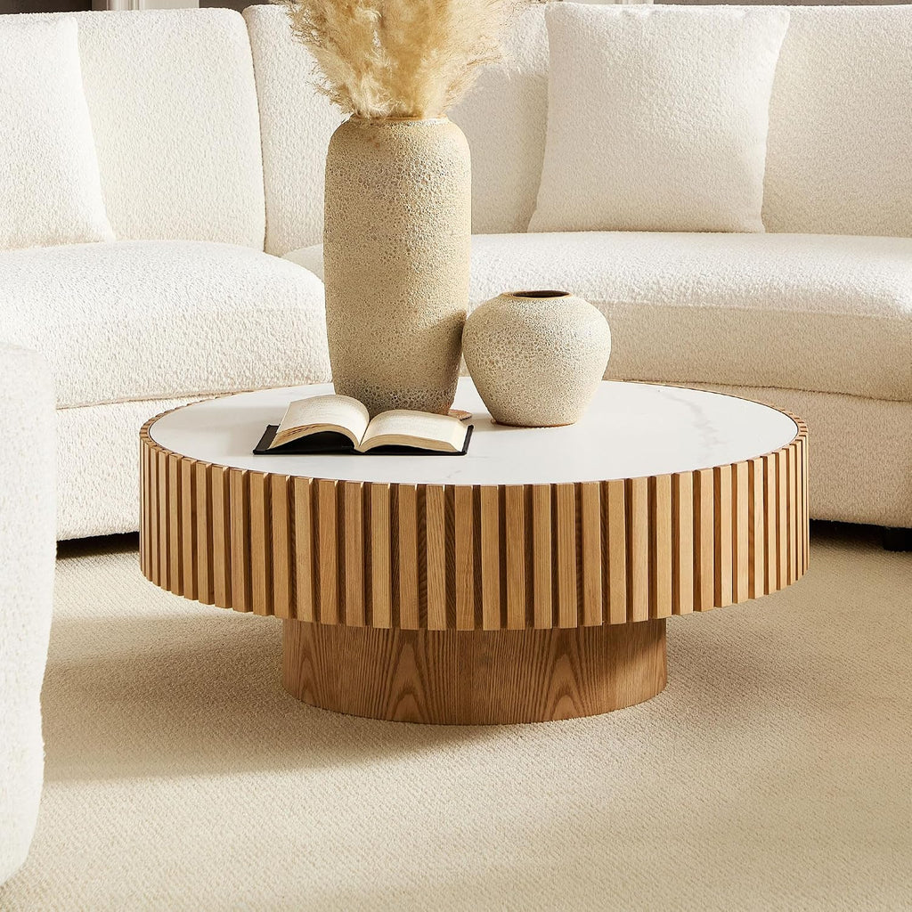 35.43'' Round Coffee Table with Faux Marble Tabletop, Modern Drum Center Coffee Tables Luxury Circle Coffee Table for Bedroom,Apartment,Living Room-Natural