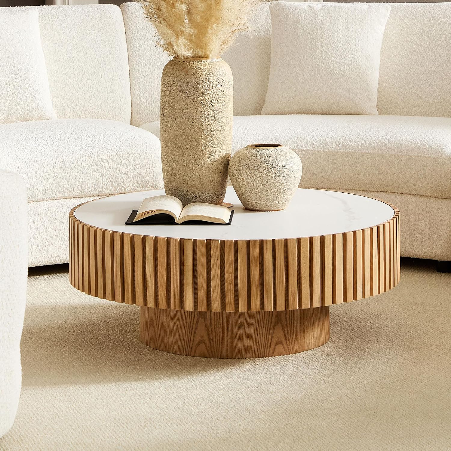 35.43'' Round Coffee Table with Faux Marble Tabletop, Modern Drum Center Coffee Tables Luxury Circle Coffee Table for Bedroom,Apartment,Living Room-Natural