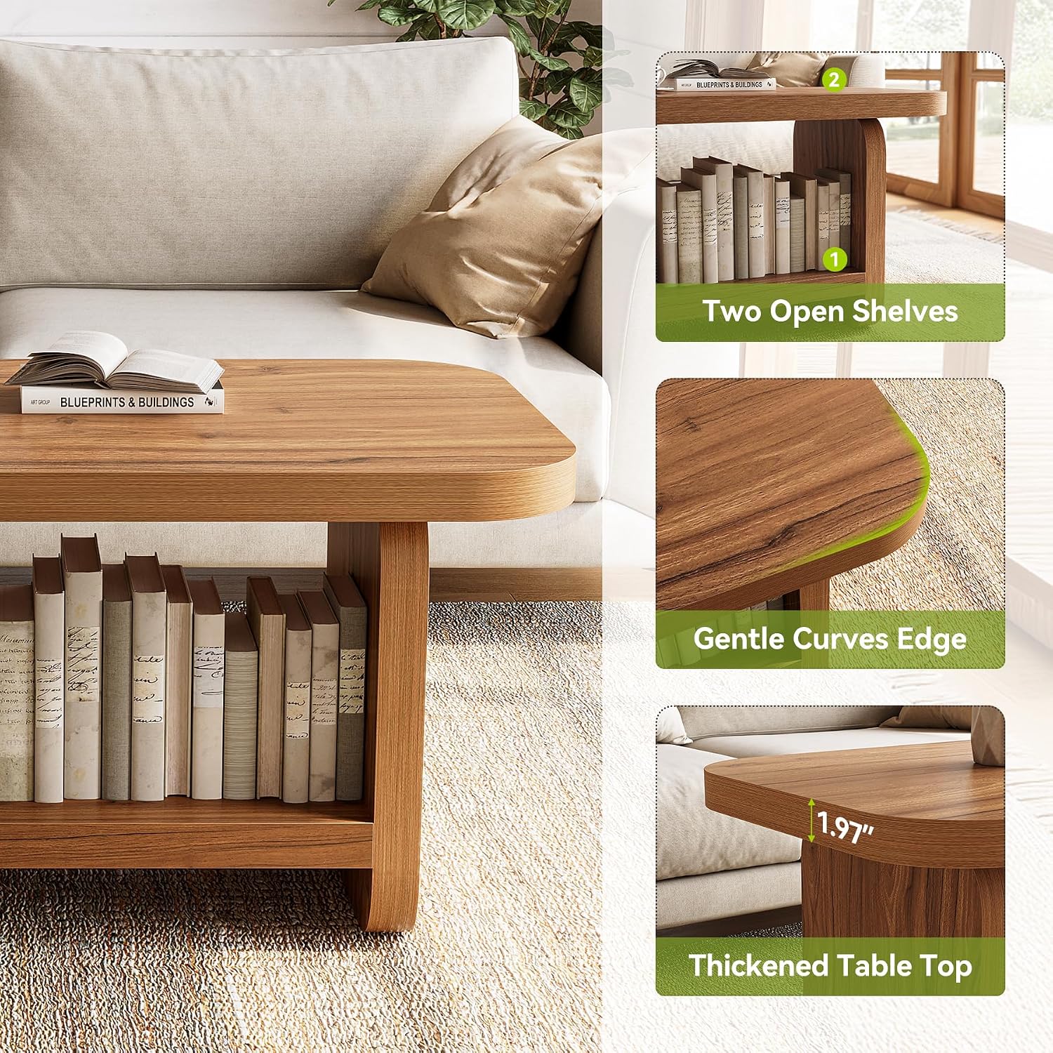 LITTLE TREE Wooden Coffee Table, 47.2' Center Table with Storage, Modern Farmhouse Rectangle Living Room Tables with Rounded Corners for Living Room, Bedroom, Kids Room, Home Office, Brown