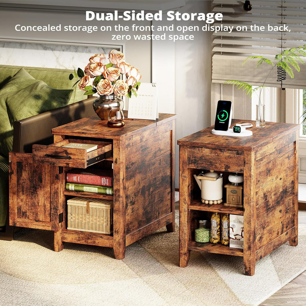 IRONCK End Table with Charging Station, Narrow Side Table for Living Room, Farmhouse Night Stand for Bedroom, Bedside Table with Storage and Drawer for Home, Vintage Brown