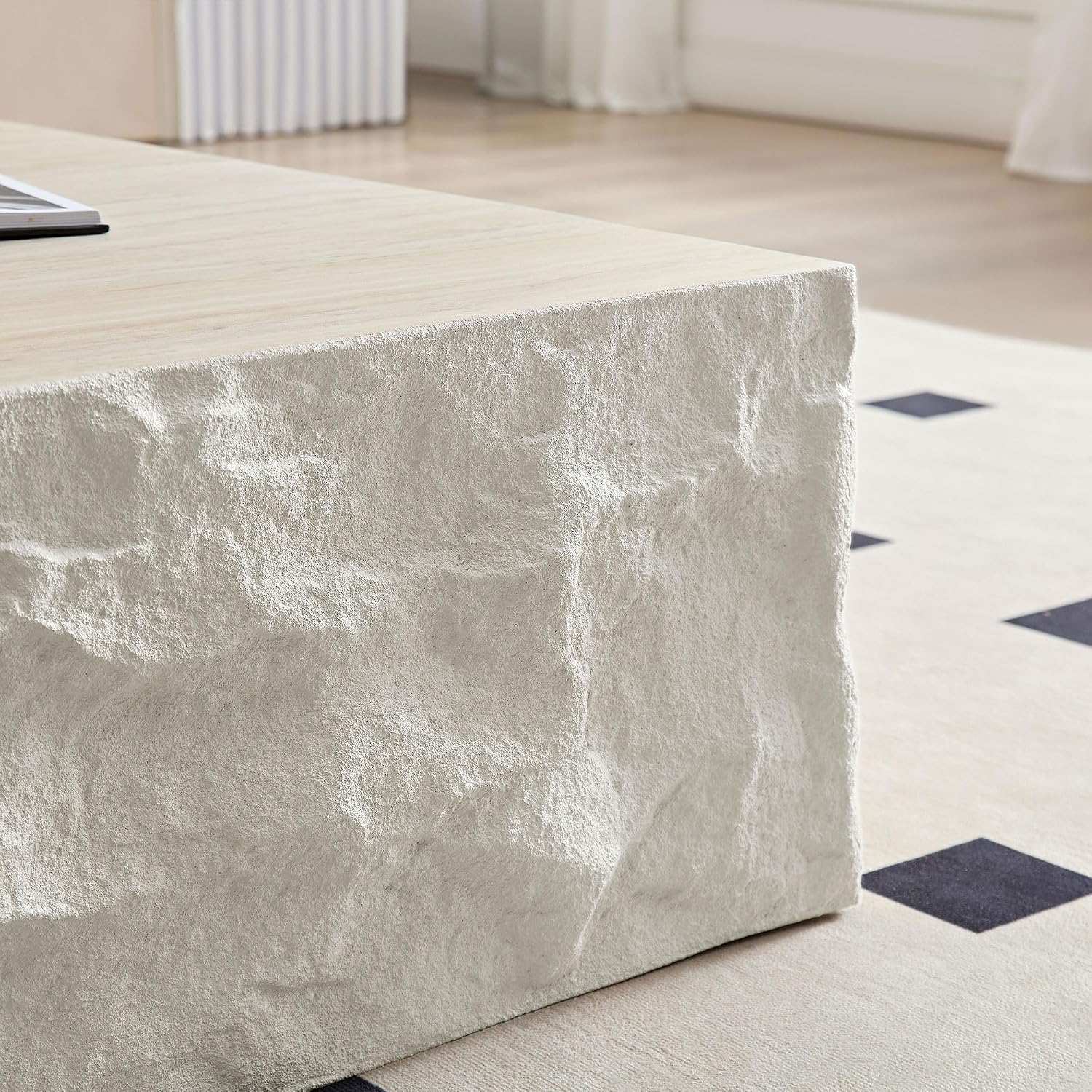 Square Coffee Table for Living Room Modern Center Table for Apartment, No Need Assembly (Fiberglass 35.43'' Cement Stone Pattern)