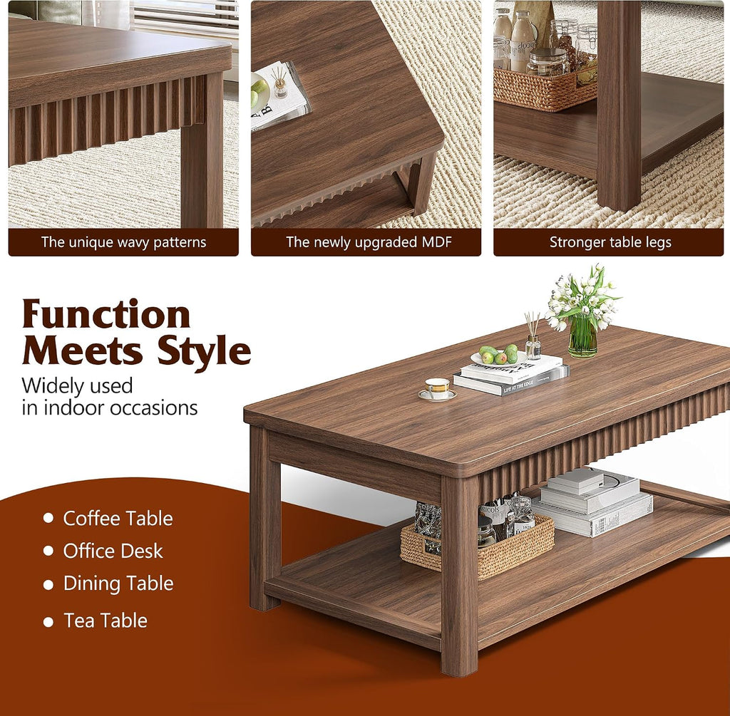Homkdom Coffee Table, 39 Inch Modern Coffee Tables for Living Room with 2-Tier Storage & Wave-Edge, Walnut Center Table for Bedroom/Office