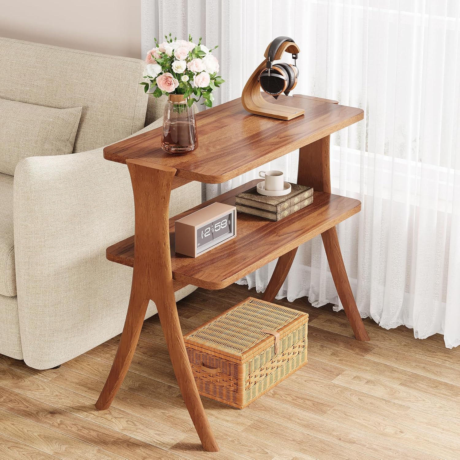 Tribesigns Walnut Side Table Set of 2, Narrow End Table with 2-Tier Storage Shelf and Solid Wood Legs, Slim Modern Bedside Table Nightstand for Living Room, Bedroom, Small Spaces (2)