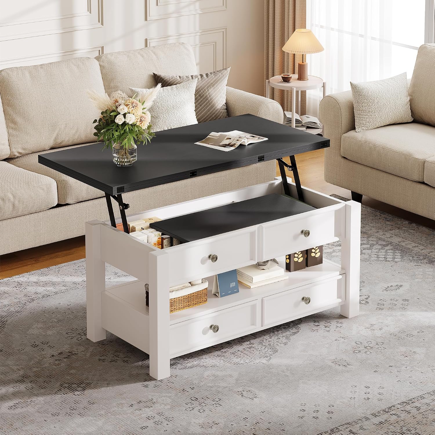 YITAHOME Coffee Table Lift Top, 4 in 1 Multi-Function Convertible Coffee Table with Drawers and Hidden Compartment, Converts to Dining Table for Living Room Home Office, Black Top