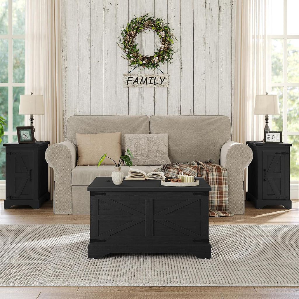 Furnideco Farmhouse Lift Top Coffee Table, Square Wood Center Table with Large Hidden Storage Compartment for Living Room, Rustic Cocktail Table with Hinged Lift Top for Home, Black