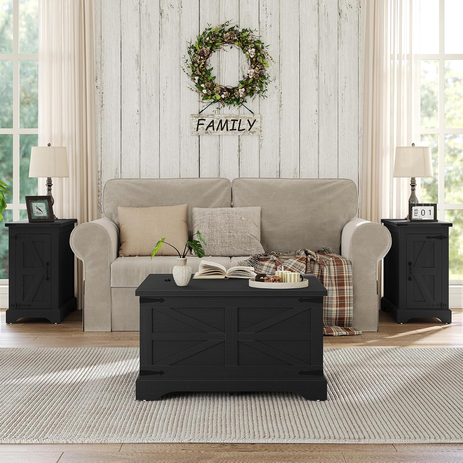 Furnideco Farmhouse Lift Top Coffee Table, Square Wood Center Table with Large Hidden Storage Compartment for Living Room, Rustic Cocktail Table with Hinged Lift Top for Home, Black