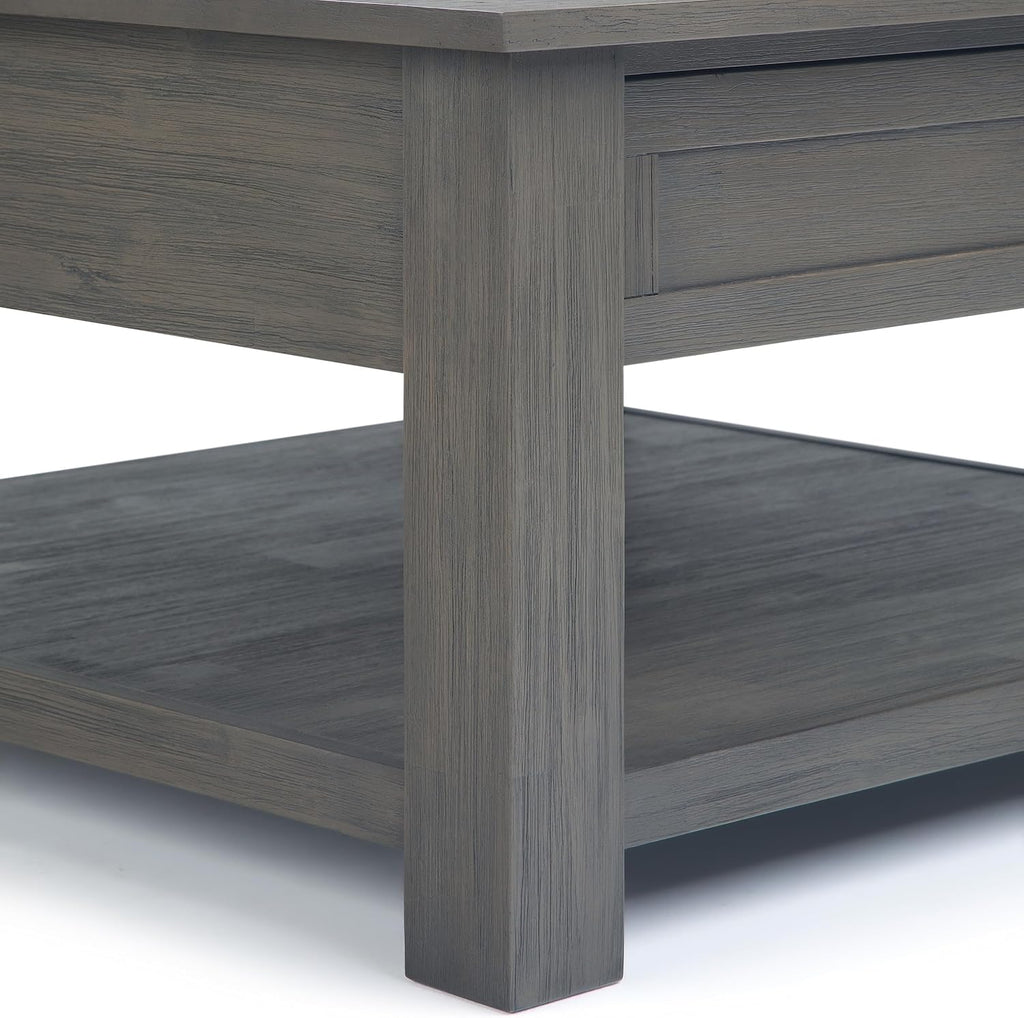 SIMPLIHOME Monroe Square Coffee Table - 38' Wide x 19' High Solid Acacia Wood Living Room Table in Farmhouse Grey, Rustic Cocktail Table for Family Room or Lounge with 2 Drawers and Open Shelf