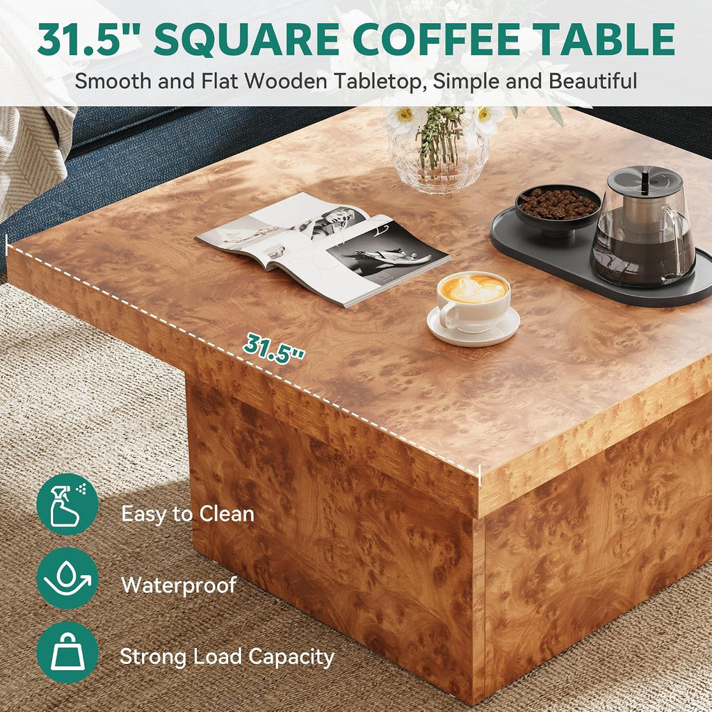YITAHOME Coffee Table Square LED Coffee Table, Burl Wood Grain Tea Coffee Tables for Living Room/Apartment, Modern Wooden Center Table for Office Decor, Burl Wood