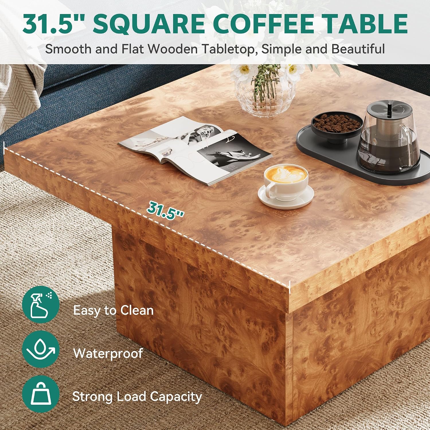 YITAHOME Coffee Table Square LED Coffee Table, Burl Wood Grain Tea Coffee Tables for Living Room/Apartment, Modern Wooden Center Table for Office Decor, Burl Wood