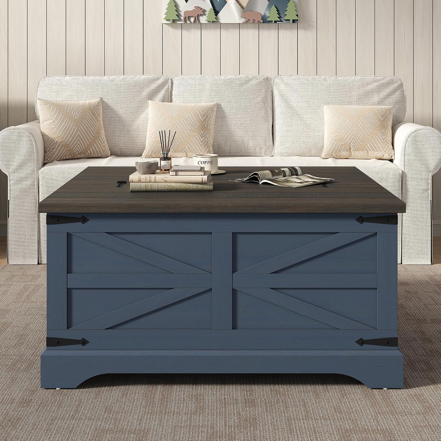 Furnideco 35.5''W Square Coffee Table Farmhouse Lift top Coffee Table with Large Hidden Storage, Wood Center Table for Living Room, Home Office, Blue