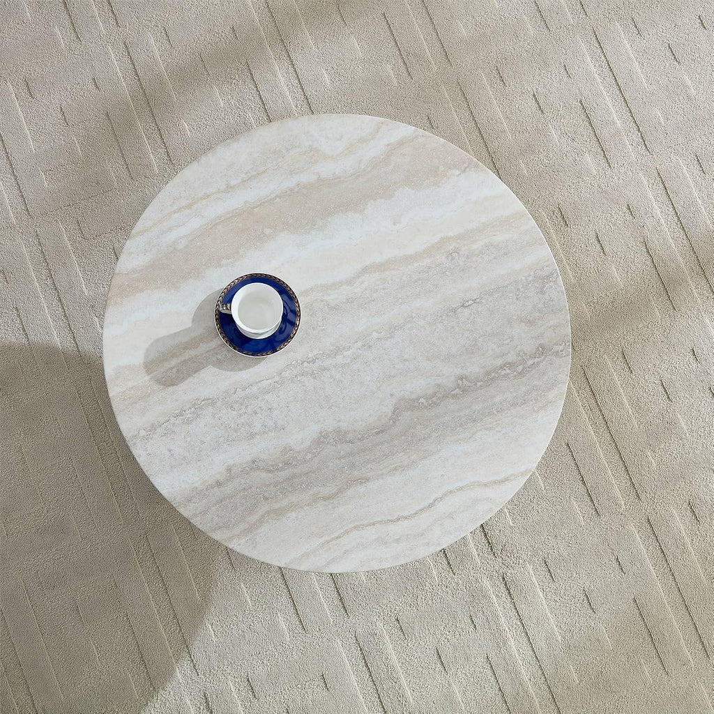 31.5' Round Coffee Table with Round Pedestal, Fiberglass Faux Marble Tabletop for Living Room, Modern Circle Center Table Tea Table for Apartment, Office, Beige Mars Pattern