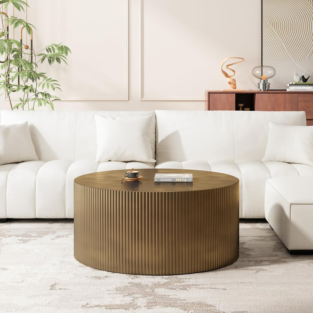 35.83' Gold Round Coffee Table, Minimalist Wave Stripe Modern Round Table, Drum Circle Coffee Tables for Living Room,Office Apartment,Gold