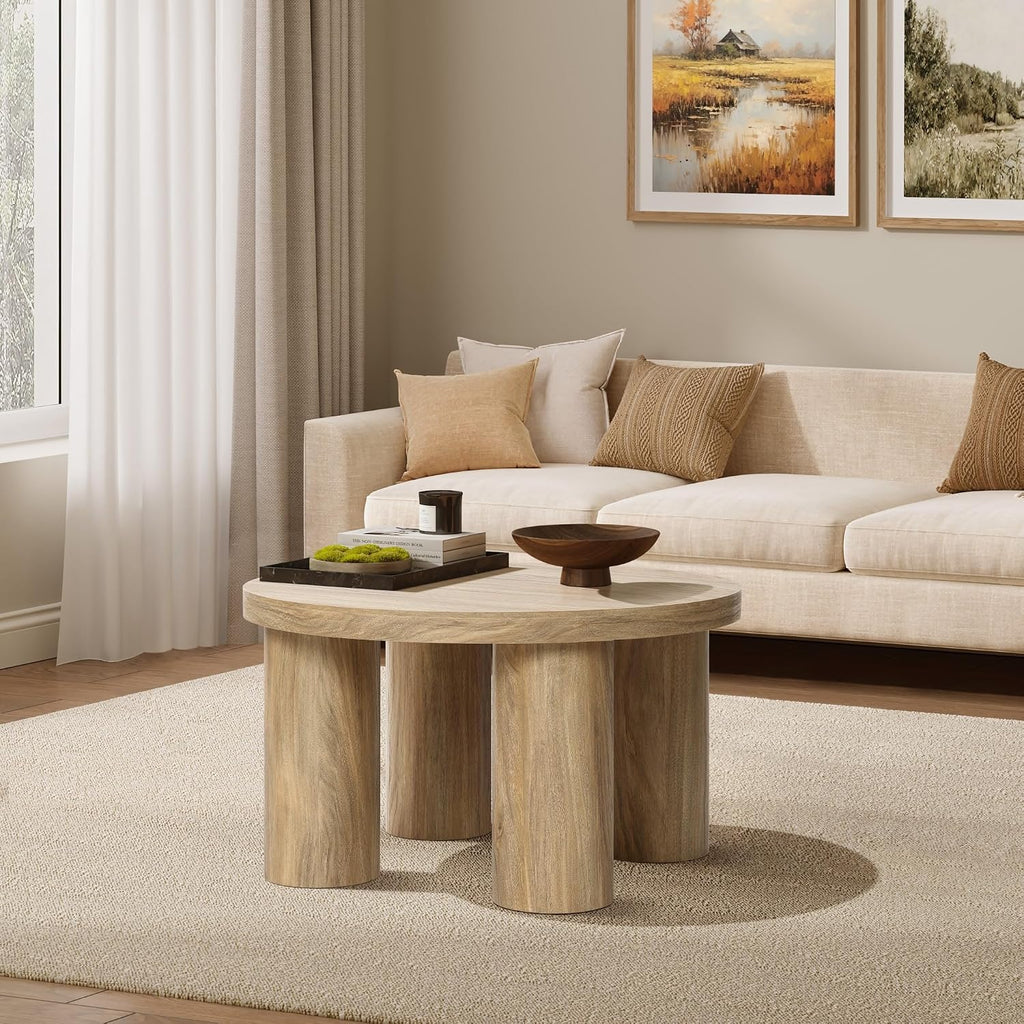 LuxenHome Round Coffee Table with 4 Pillar Legs, 27.5'' Wide Accent Center Table, Modern Farmhouse Oak Finish Wooden Low Cocktail Tea End Table with Sturdy Base for Living Room Home Office
