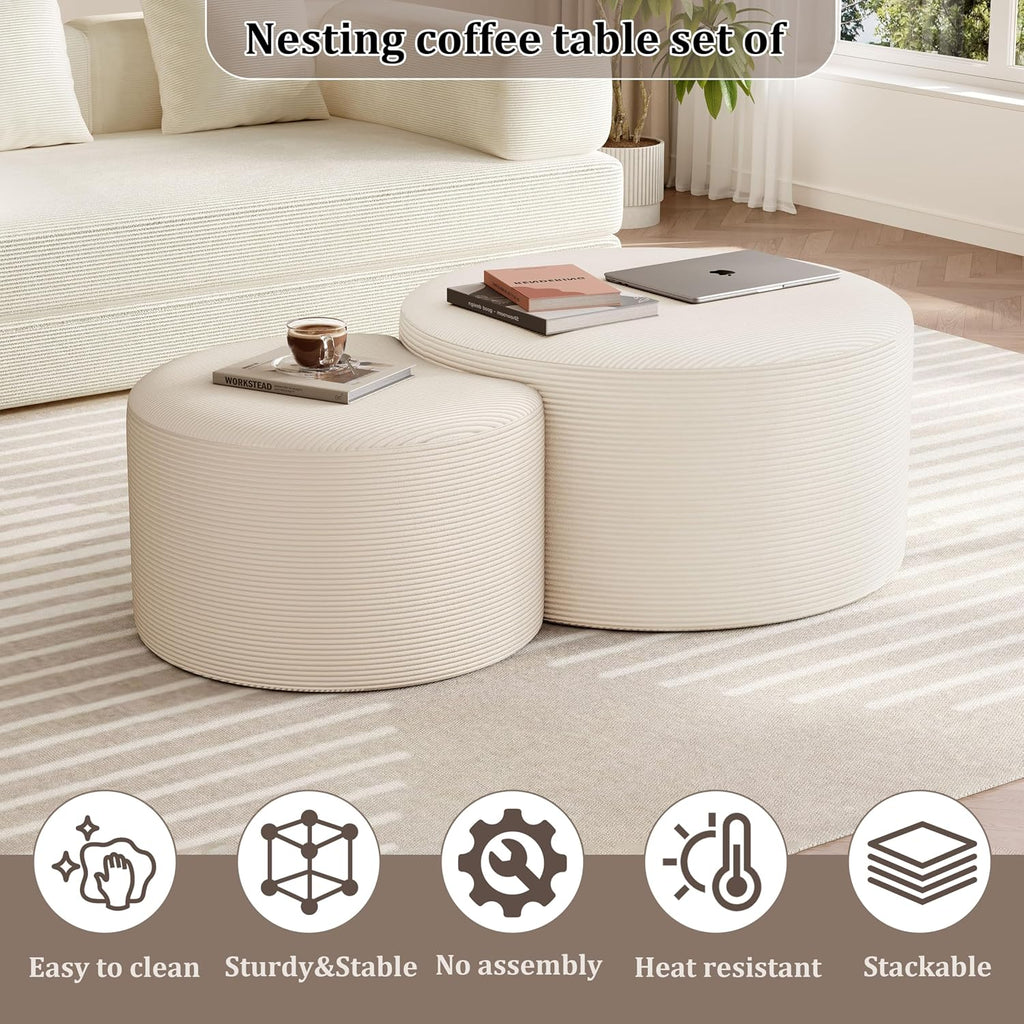BSHOMGI Round Coffee Table Set of 2, Movable Ottoman for Corduroy Cloud Sectional Couches Circle Foam Round Side Table for Living Room, Entryway Set, 32'+17' Footrest No Assembly (Beige, 32'+17')