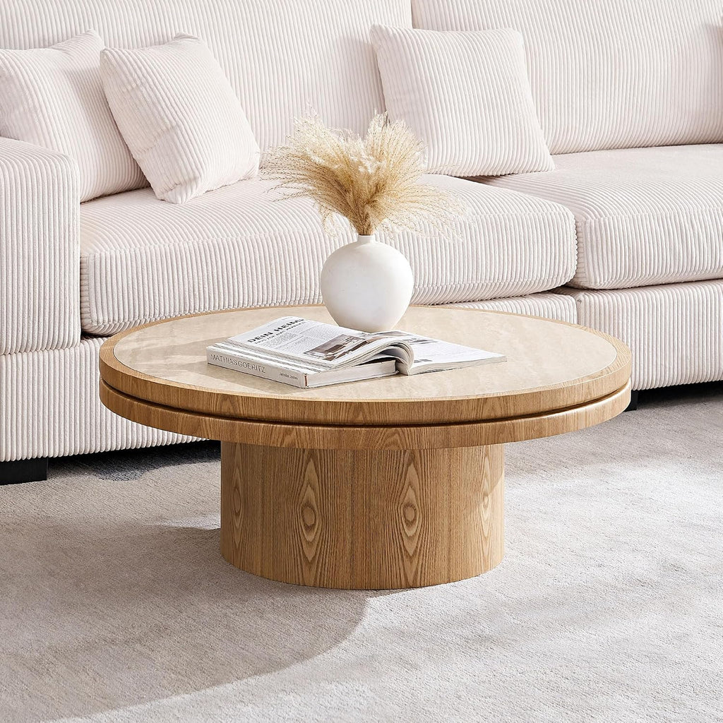 35.43' Farmhouse Round Coffee Table with Sintered Stone Tabletop, Sturdy Wood MDF Pedestal Coffee Tables for Living Room, Modern Circle Center Tea Table for Apartment, Office Bedroom Natural