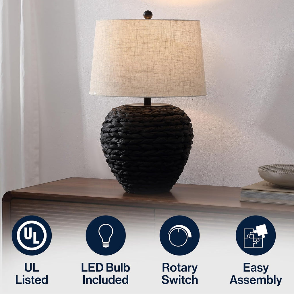 JONATHAN Y 24.5' Black Water Hyacinth Farmhouse Basket Table Lamp, Coastal Decor for Living Room Bedroom Nightstand, Light Gray Linen Shade, LED Bulb Included (JYL6501D)