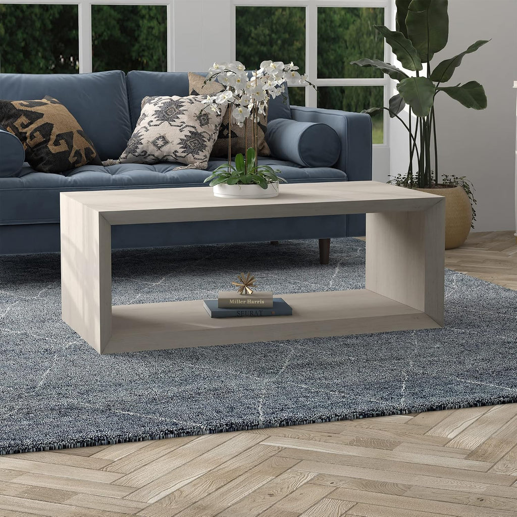 Henn&Hart 48' Rectangular Wood Coffee Table with Open Storage Shelf for Living Room, Family Room, or Office, Beech White