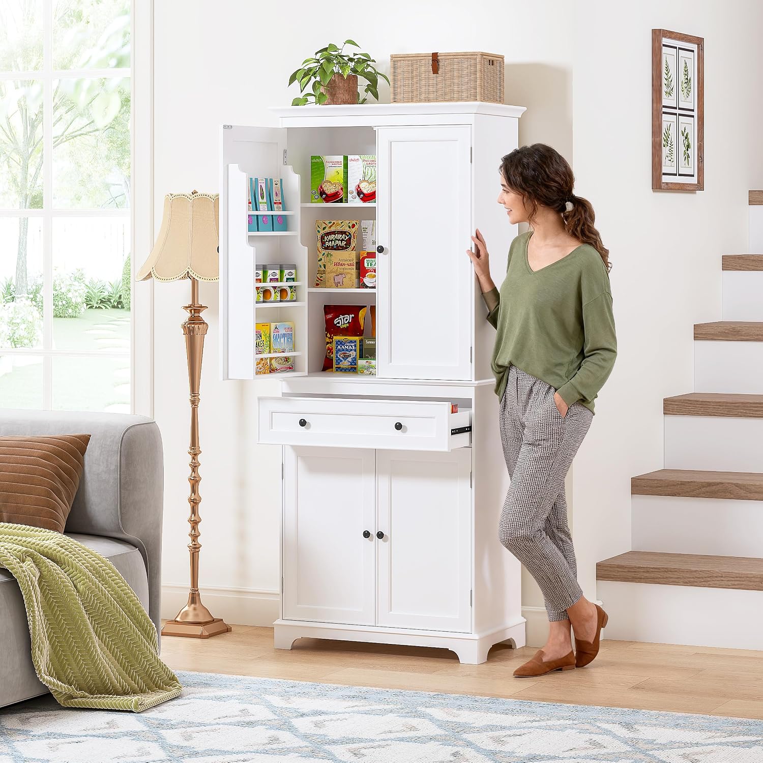Spirich 71'' Tall Kitchen Pantry Cabinet, Wood Food Pantry Cabinet with Drawers and Wine Glass Rack, Freestanding Storage Cabinet for Kitchen, Living Room, Dining Room, White