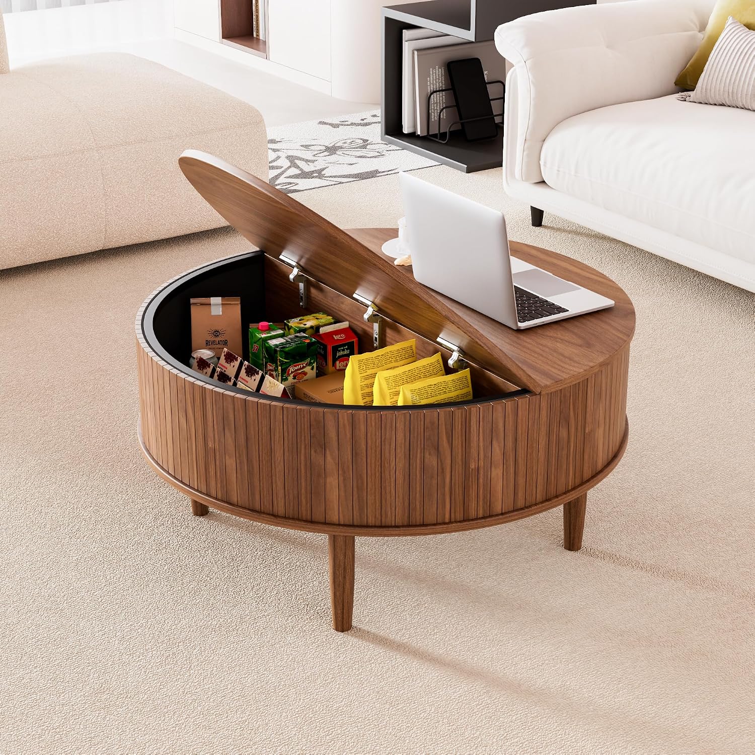 Round Fluted Lift Top Coffee Table with Storage, Mid Century Modern Coffee Table for Living Room, Home Small Space,31.5' Fluted Center Table (Walnut, 31.5inch)